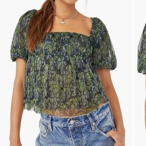 Free People Green Patterned Puff Sleeve Blouse